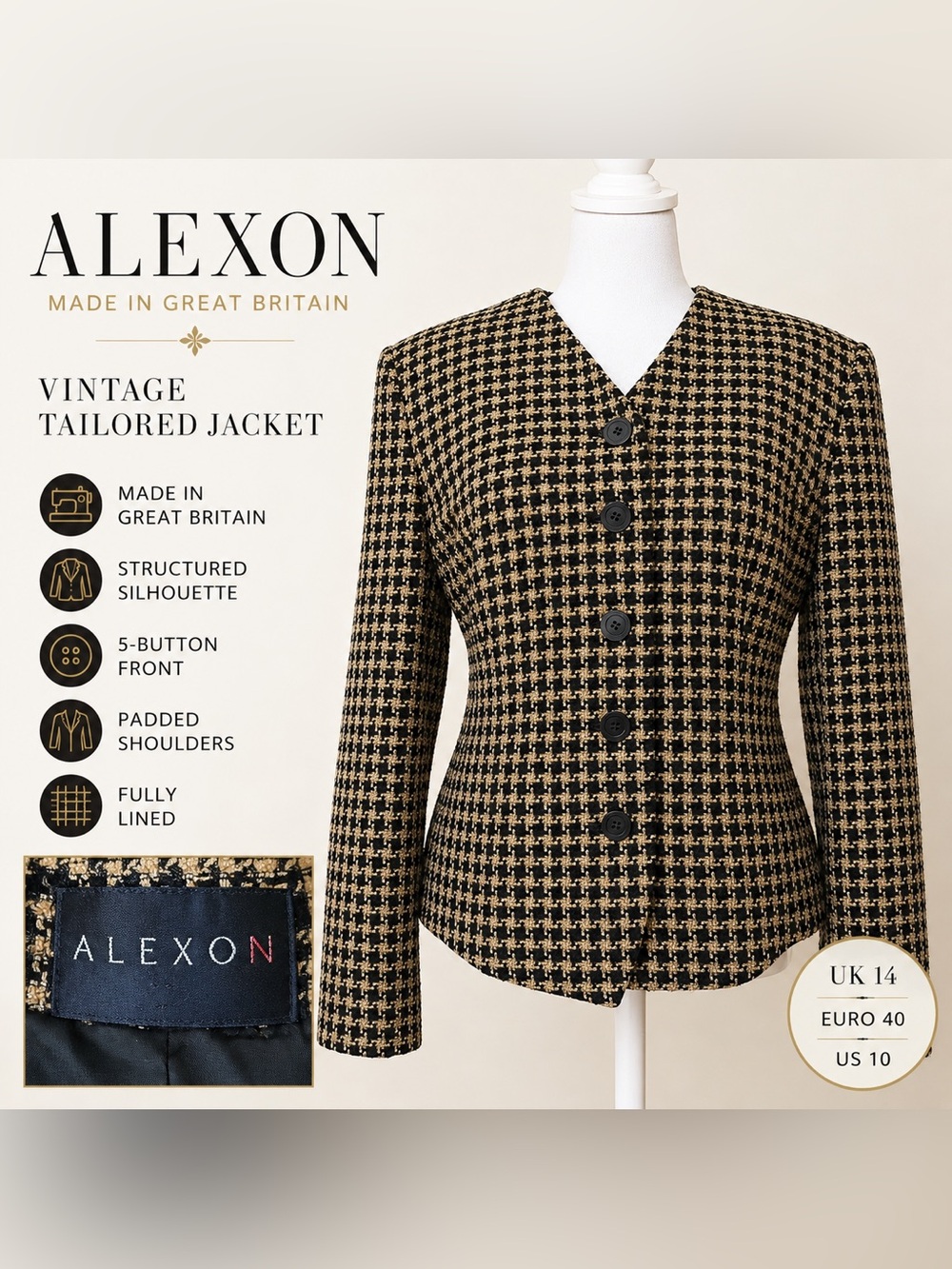 Vintage Alexon Made in Great Britain Houndstooth Jacket Blazer UK 14 US 10